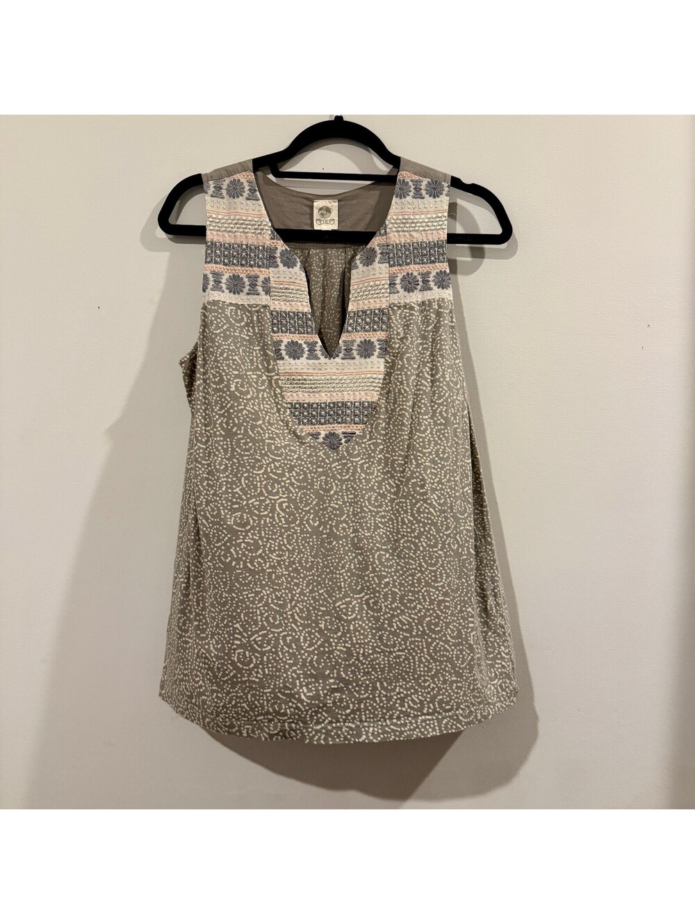 Anthropologie Tiny Tank Top M Olive Green Embroidered Boho Split Neck Blouse